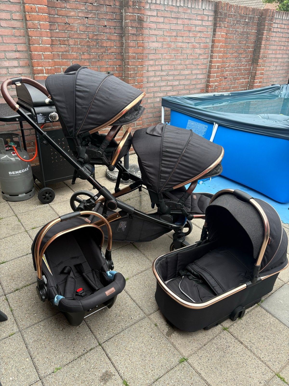 Dubbele kinderwagen met autostoeltje en reiswieg, Kinderen en Baby's, Kinderwagens en Combinaties, Overige merken, Duowagen, Ophalen of Verzenden
