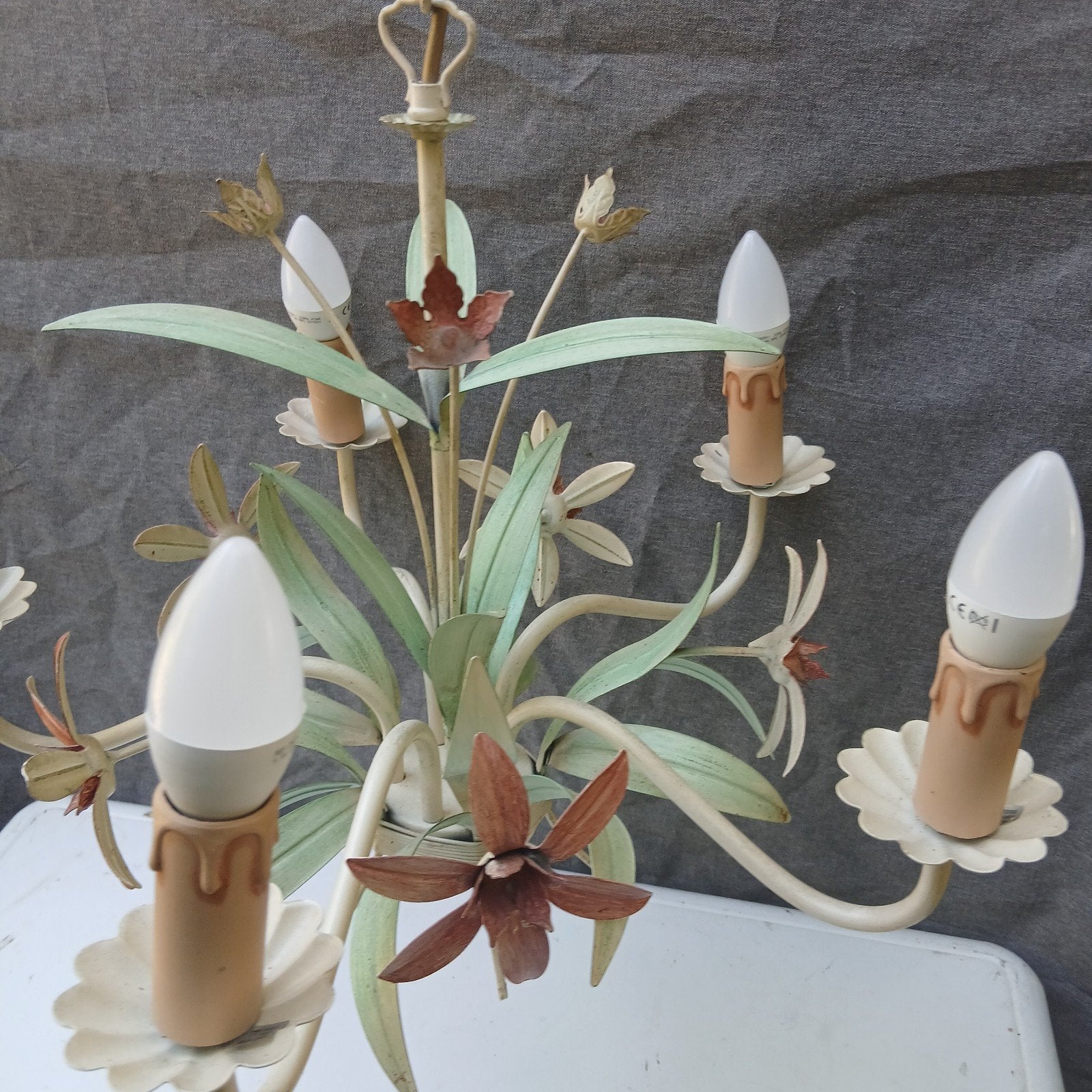 5 armige brocante hanglamp, lamp, bloemenlamp, Ophalen of Verzenden