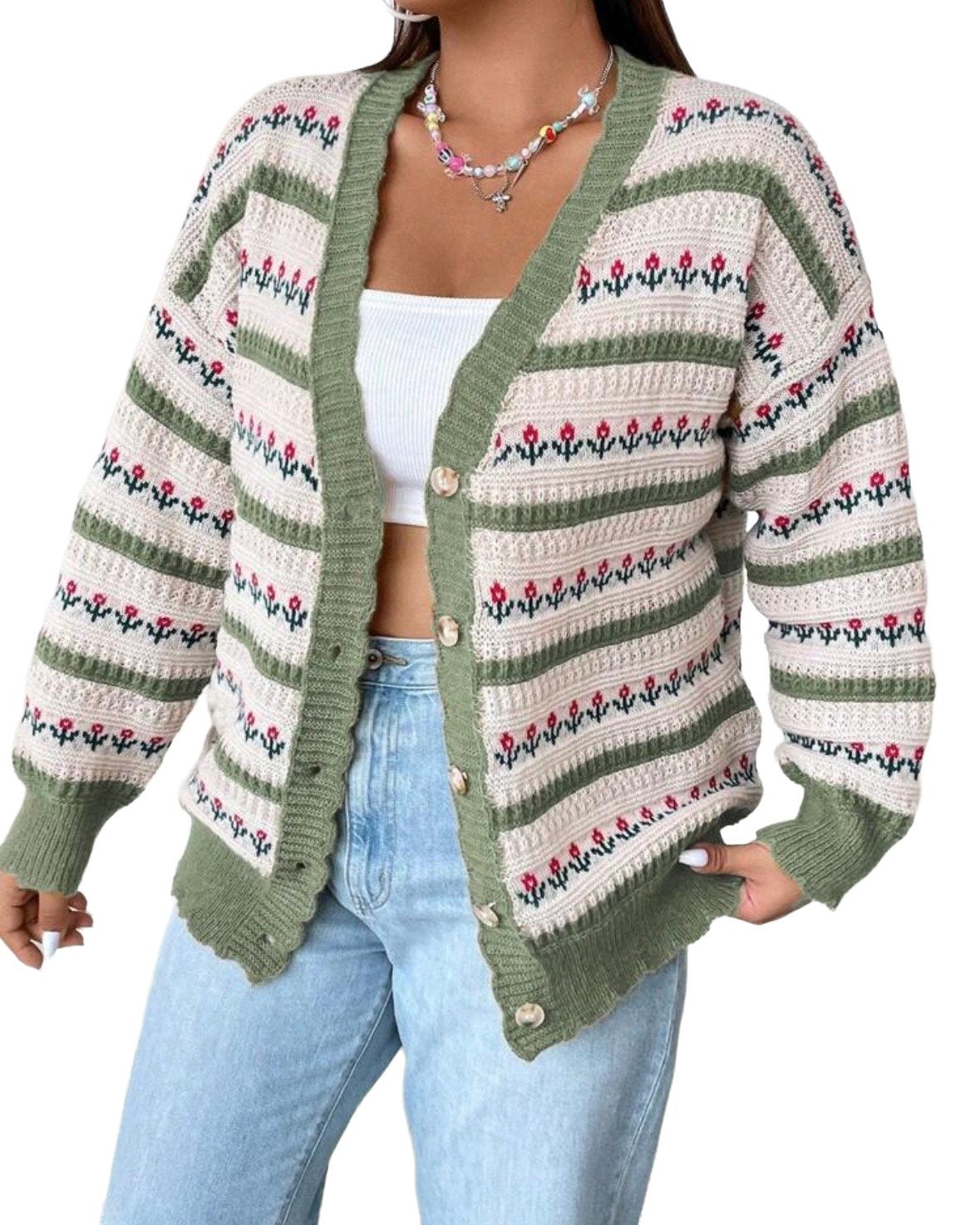 Gebreid vest met bloemen en strepen Groen(44-50), Verzenden, Nieuw, Groen, Trui of Vest