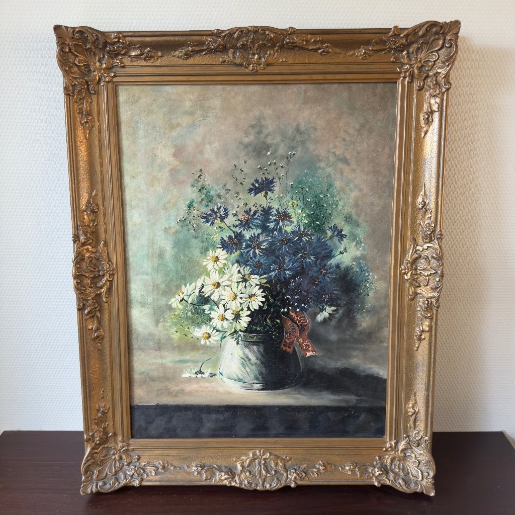 Groot Antiek Vintage Olieverf Schilderij Boeket Bloemen, Ophalen, Olieverf, Stilleven, Doek