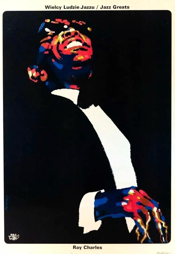 Waldemar Swierzy  Poster Ray Charles, Jazz Greats ingelijst, Verzamelen, Posters, Gebruikt, Muziek, A1 t/m A3, Rechthoekig Staand