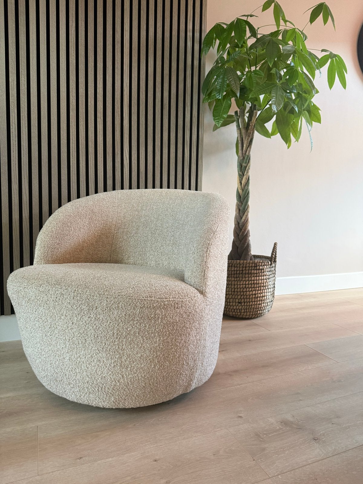 Woood Sam Comfortabele Bouclé Fauteuil - Crème/Beige, Ophalen, Overige kleuren, Zo goed als nieuw, Eén