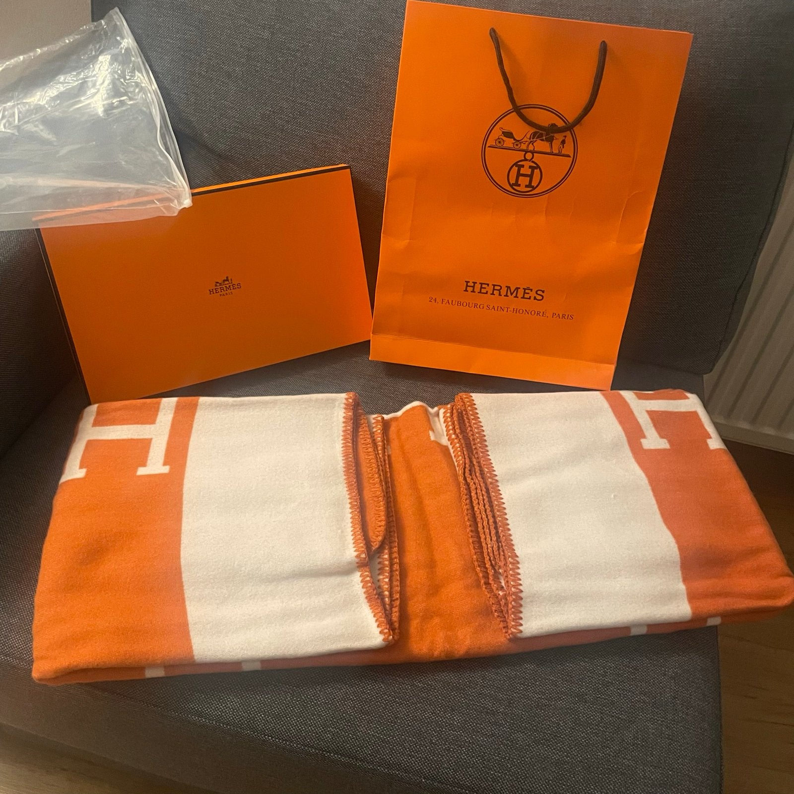 Hermès Avalon Plaid Deken Oranje Wit, Wol, Ophalen of Verzenden, Zo goed als nieuw, Plaid