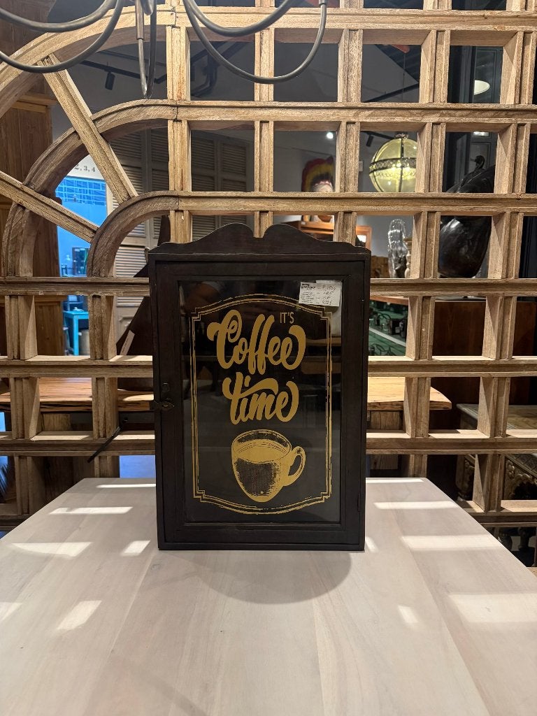 Vintage teakhouten hangkastje met Coffee Time print, Ophalen of Verzenden, Zo goed als nieuw, Bruin, Hout