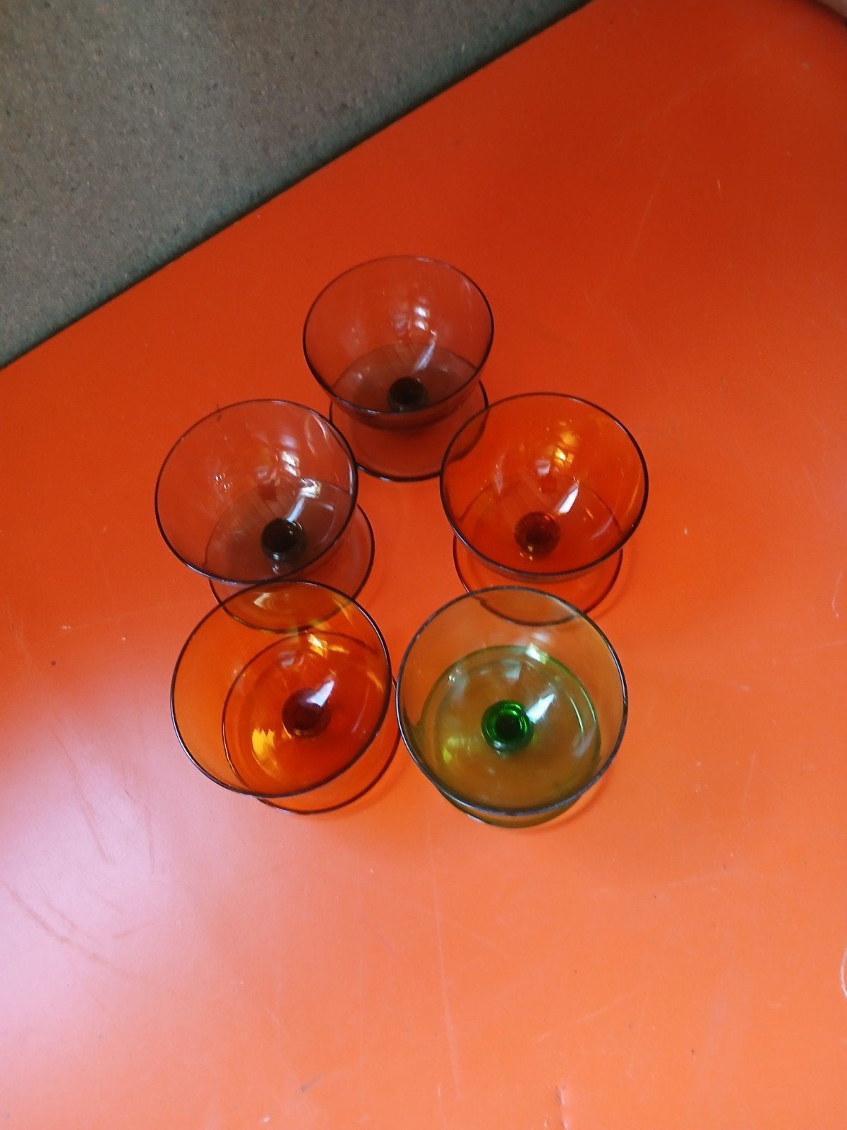 Set van 5 vintage dessertglazen - oranje en groen, Ophalen of Verzenden