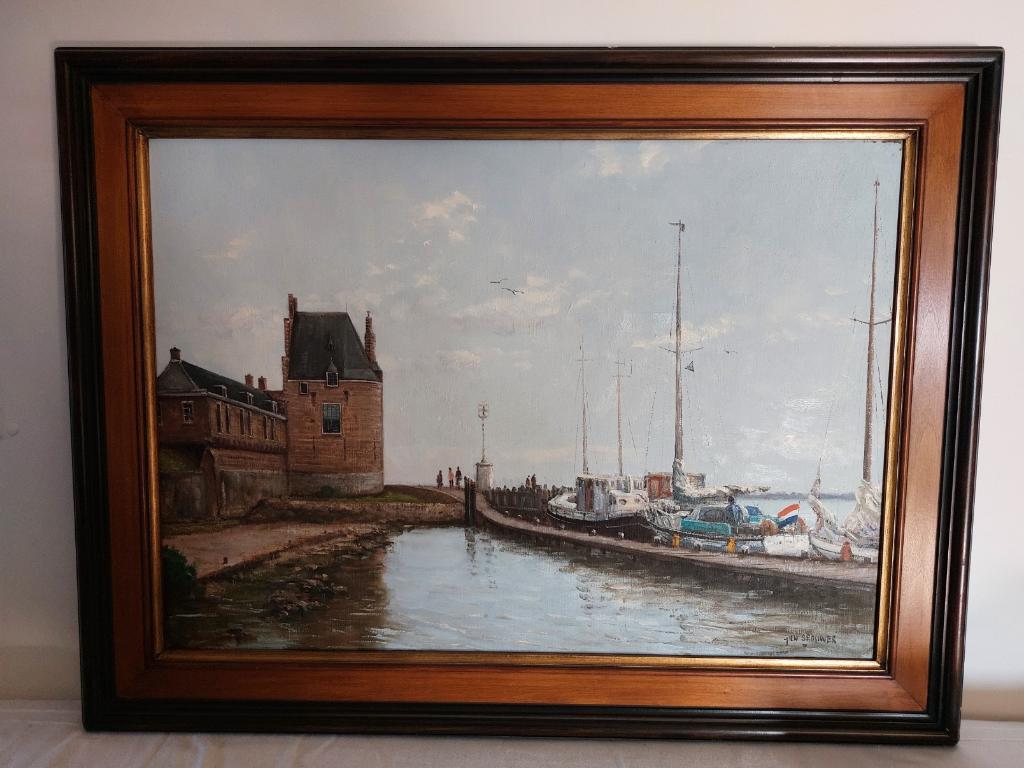 Gien brouwer, olieverf op doek - haven van Veere, gesigneerd, Ophalen of Verzenden
