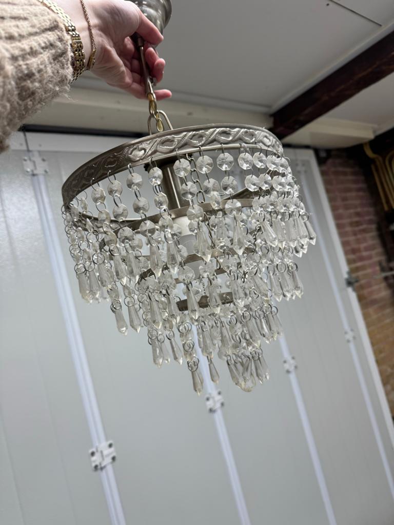 Vintage Kroonluchter met Kristallen Hangers | Zilver, Ophalen, Gebruikt, Glas