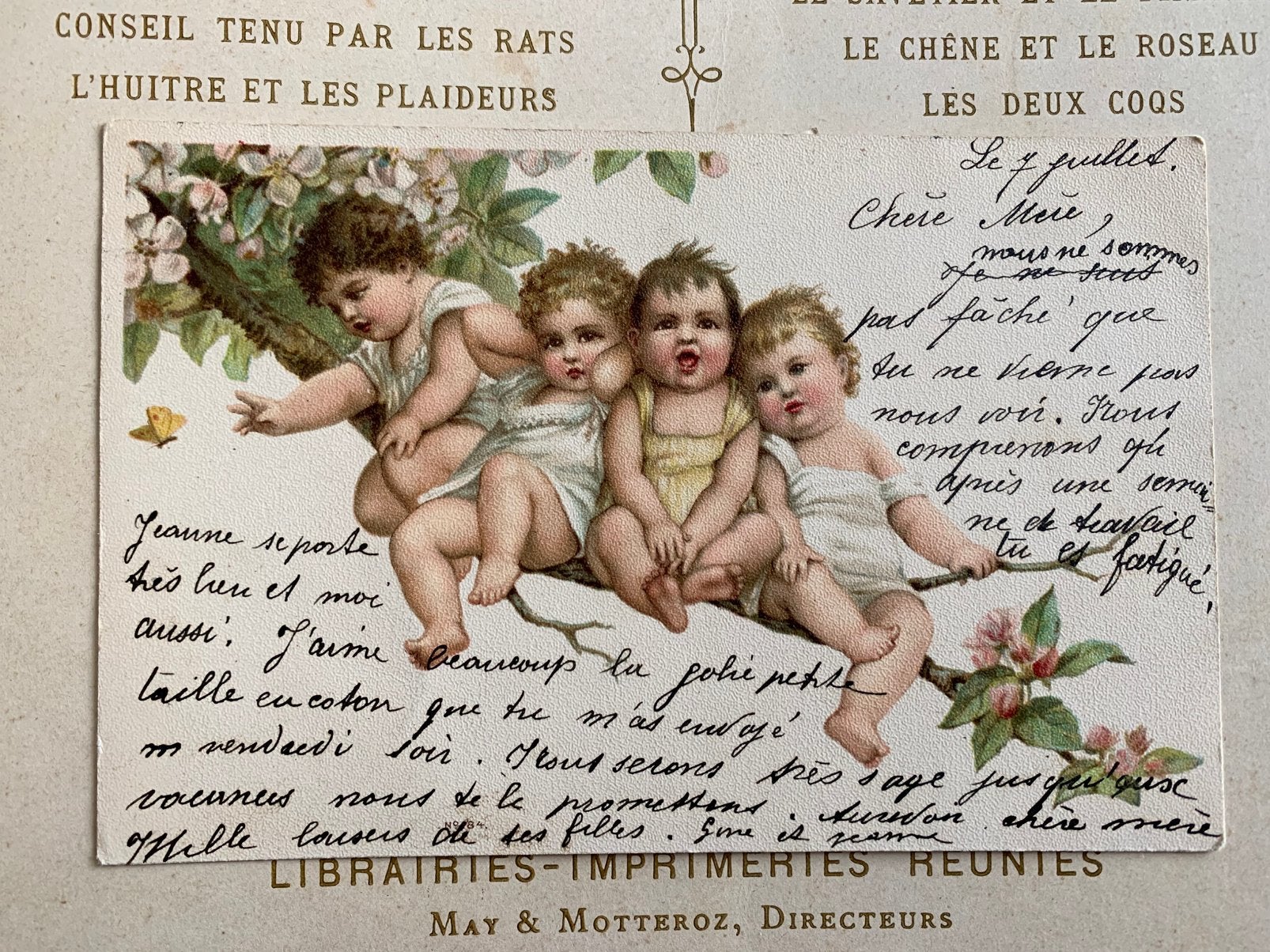 Vier baby’s op een bloesemtak (BA), Verzamelen, Ansichtkaarten | Themakaarten, Ophalen of Verzenden, Voor 1920, Gelopen, Kinderen