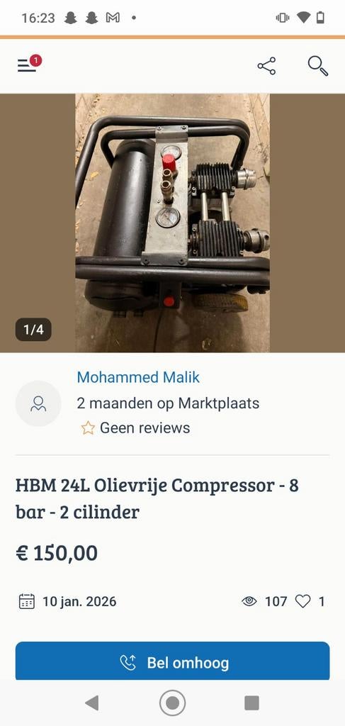 HBM 24L Olievrije Compressor - 8 bar - 2 cilinder, Gebruikt, 6 tot 10 bar, Ophalen of Verzenden, 25 tot 100 liter