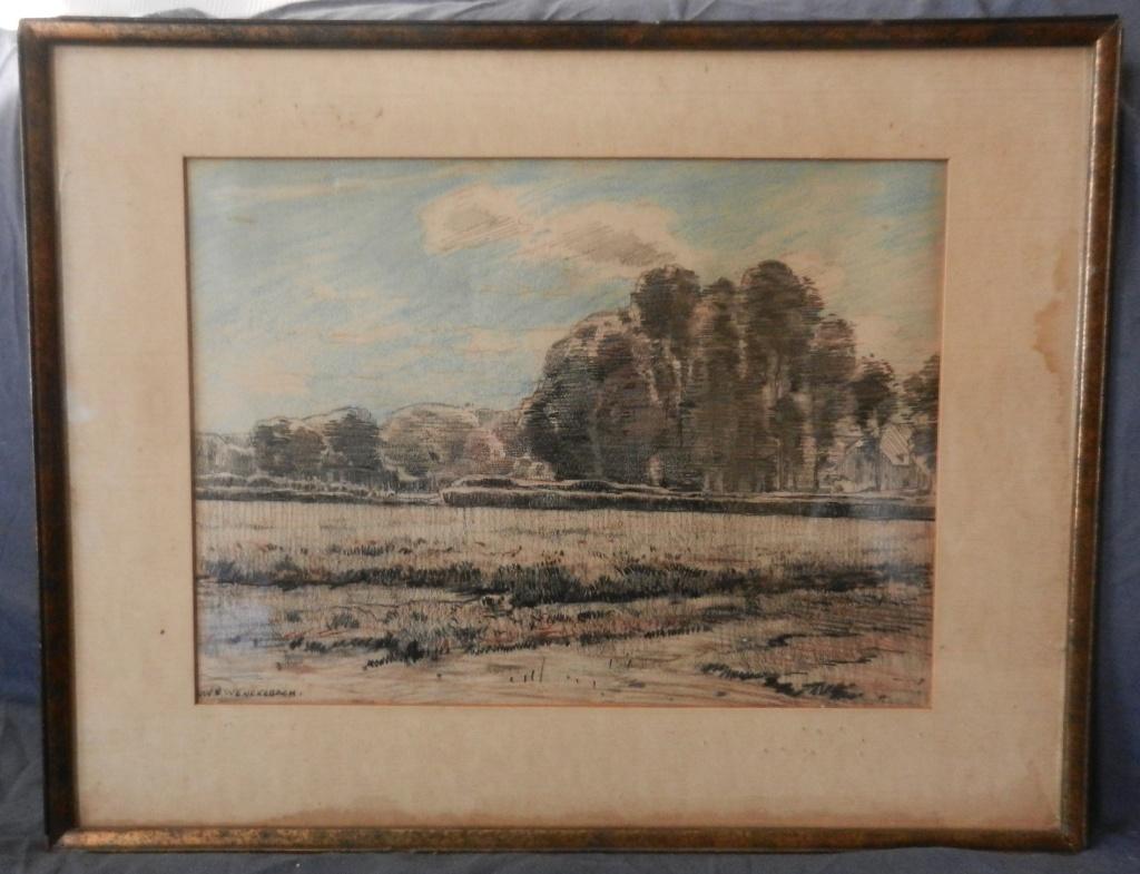 Krijttekening Bosrand met boerderij LWR Willem Wenckebach, Ophalen of Verzenden