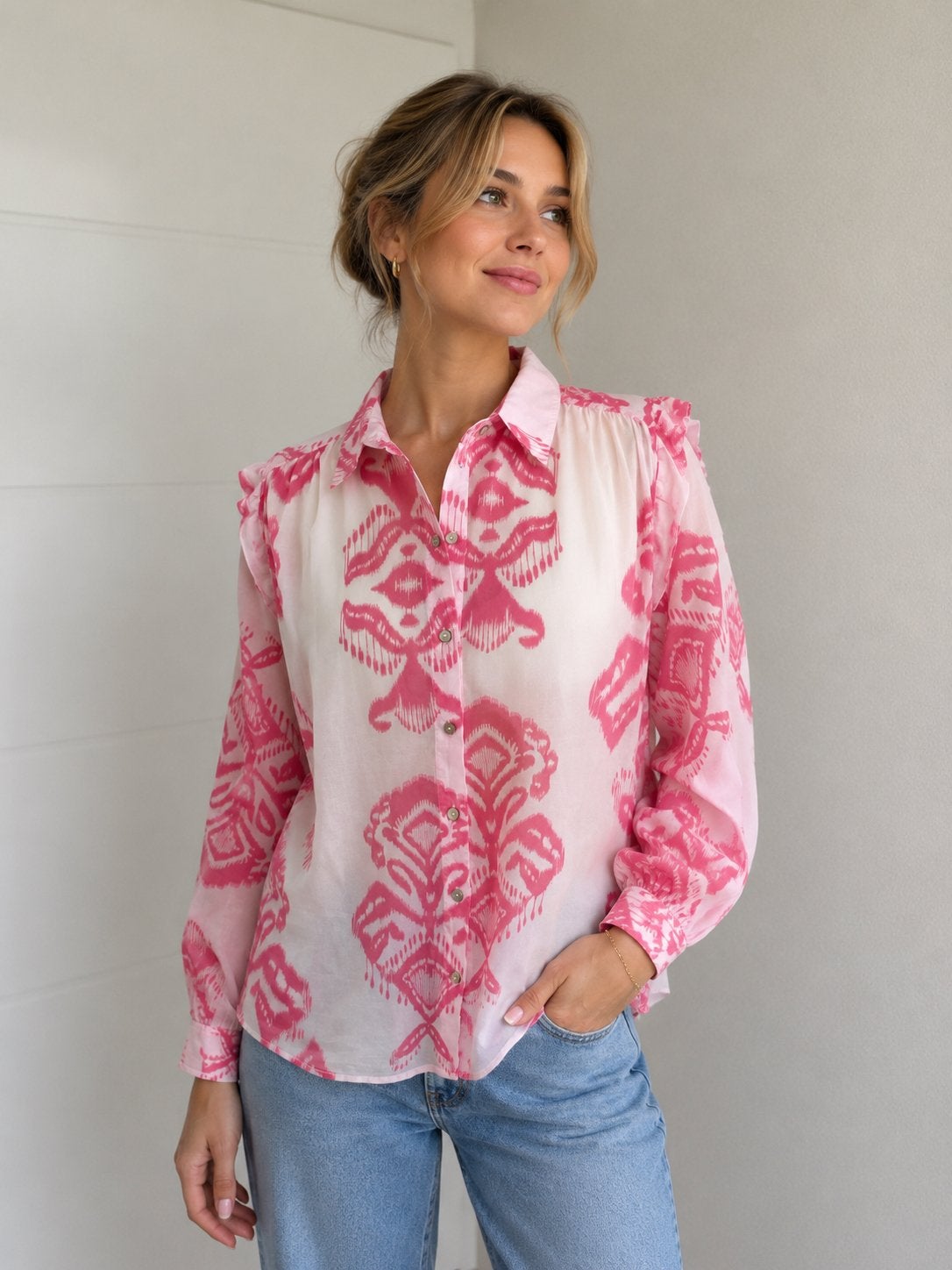 Beaumont roze luchtige blouse met opvallende print maat 40, Kleding | Dames, Verzenden, Zo goed als nieuw, Maat 38/40 (M), Roze