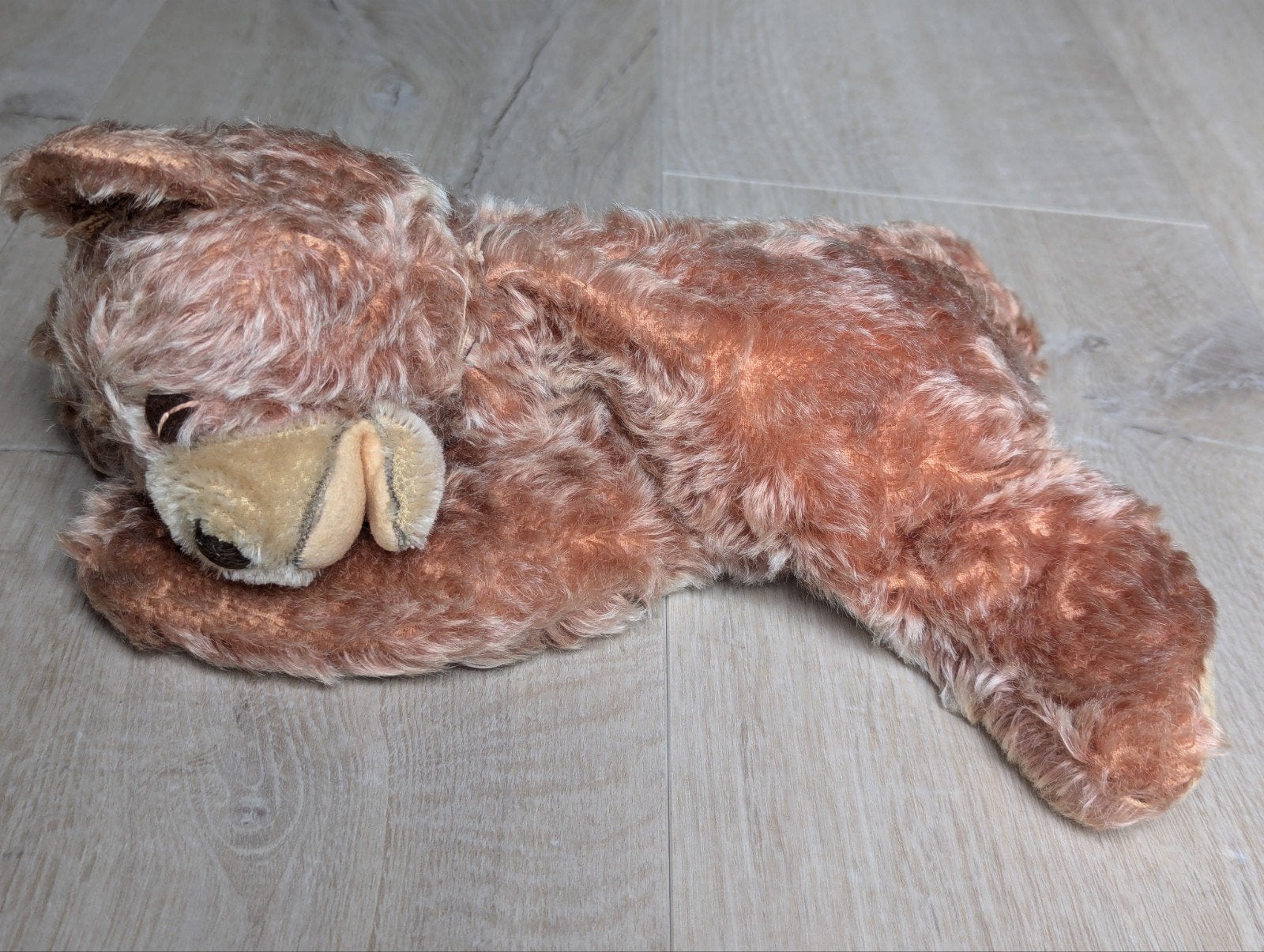 Vintage Steiff Teddybeer Liggend Model met Rammelaar, Ophalen, Gebruikt, Stoffen beer, Steiff