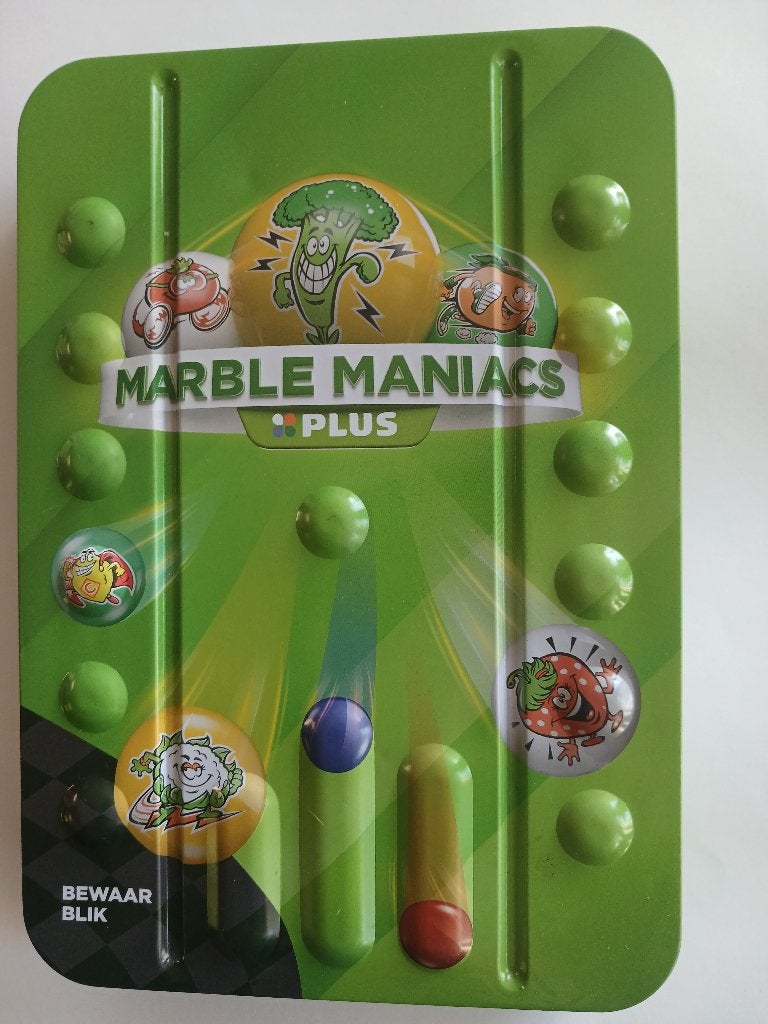 Marble Maniacs Plus knikkerverzameling in bewaarblik, Verzenden, Zo goed als nieuw