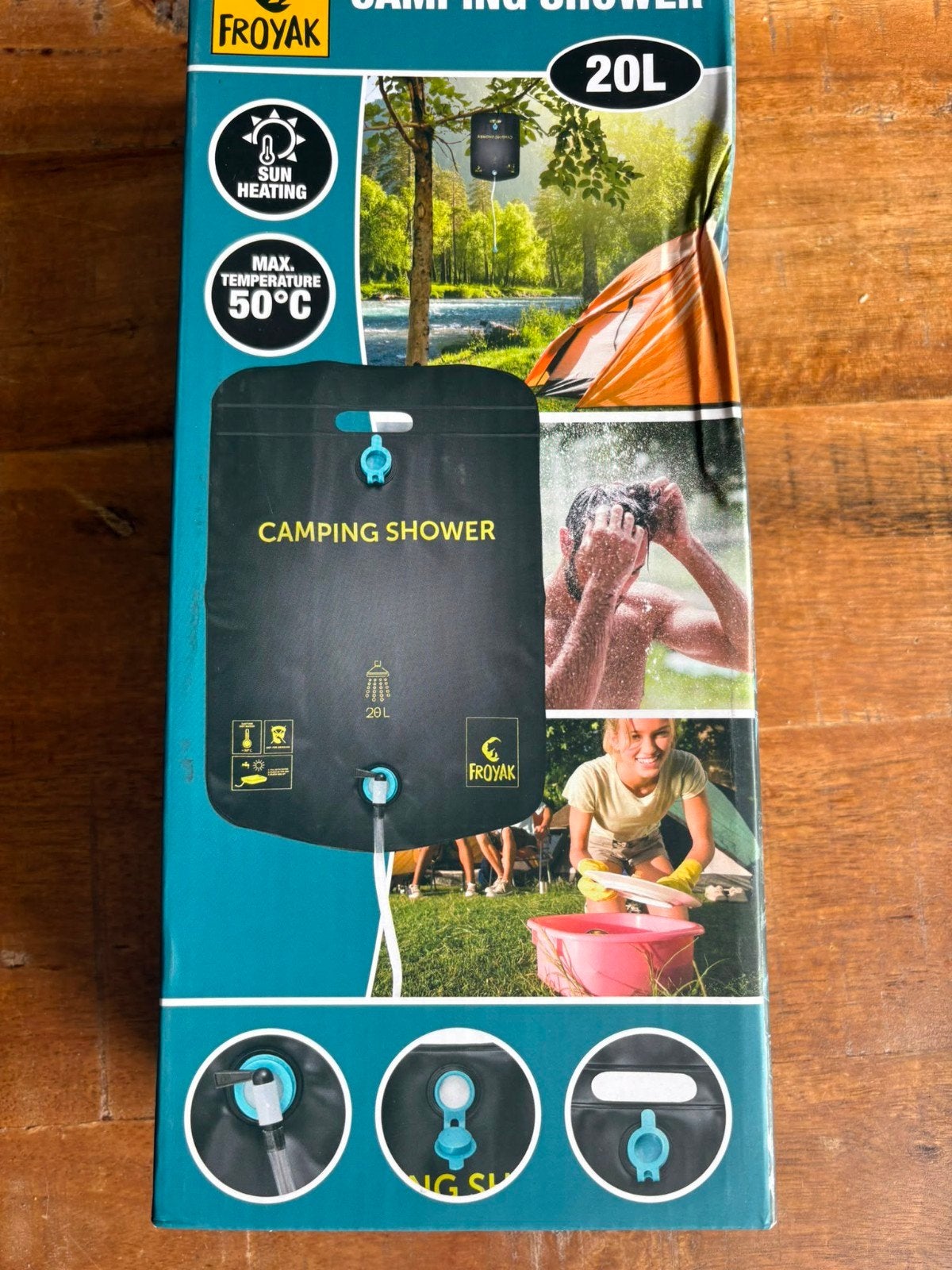 Froyak Campingdouche 20L - Zonverwarmd tot 50C, Caravans en Kamperen, Kampeeraccessoires, Ophalen of Verzenden, Nieuw