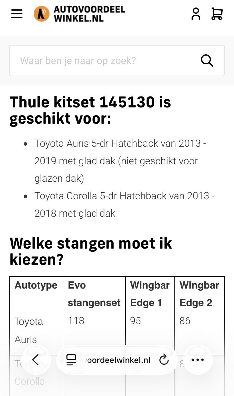 Thule Kit 145130 voor toyota auris en corolla, Ophalen of Verzenden, Zo goed als nieuw