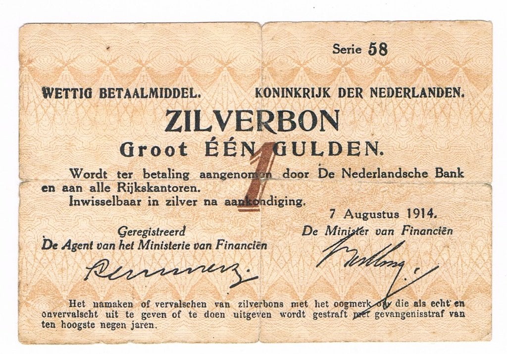 1 gulden zilverbon 7 augustus 1914, Postzegels en Munten, Bankbiljetten | Nederland, Verzenden, 1 gulden, Los biljet
