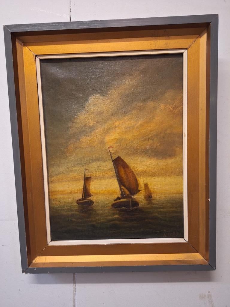 Schilderij zeilboten bij zonsondergang, gesigneerd H. Smith, Antiek en Kunst, Kunst | Schilderijen | Klassiek, Ophalen of Verzenden