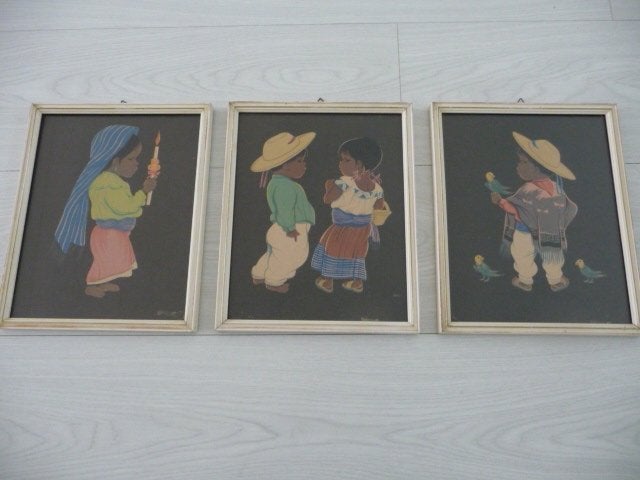 3 schilderijtjes MEXICAANSE KINDEREN, gesigneerd BETANZOS, Antiek en Kunst, Kunst | Tekeningen en Foto's, Ophalen of Verzenden