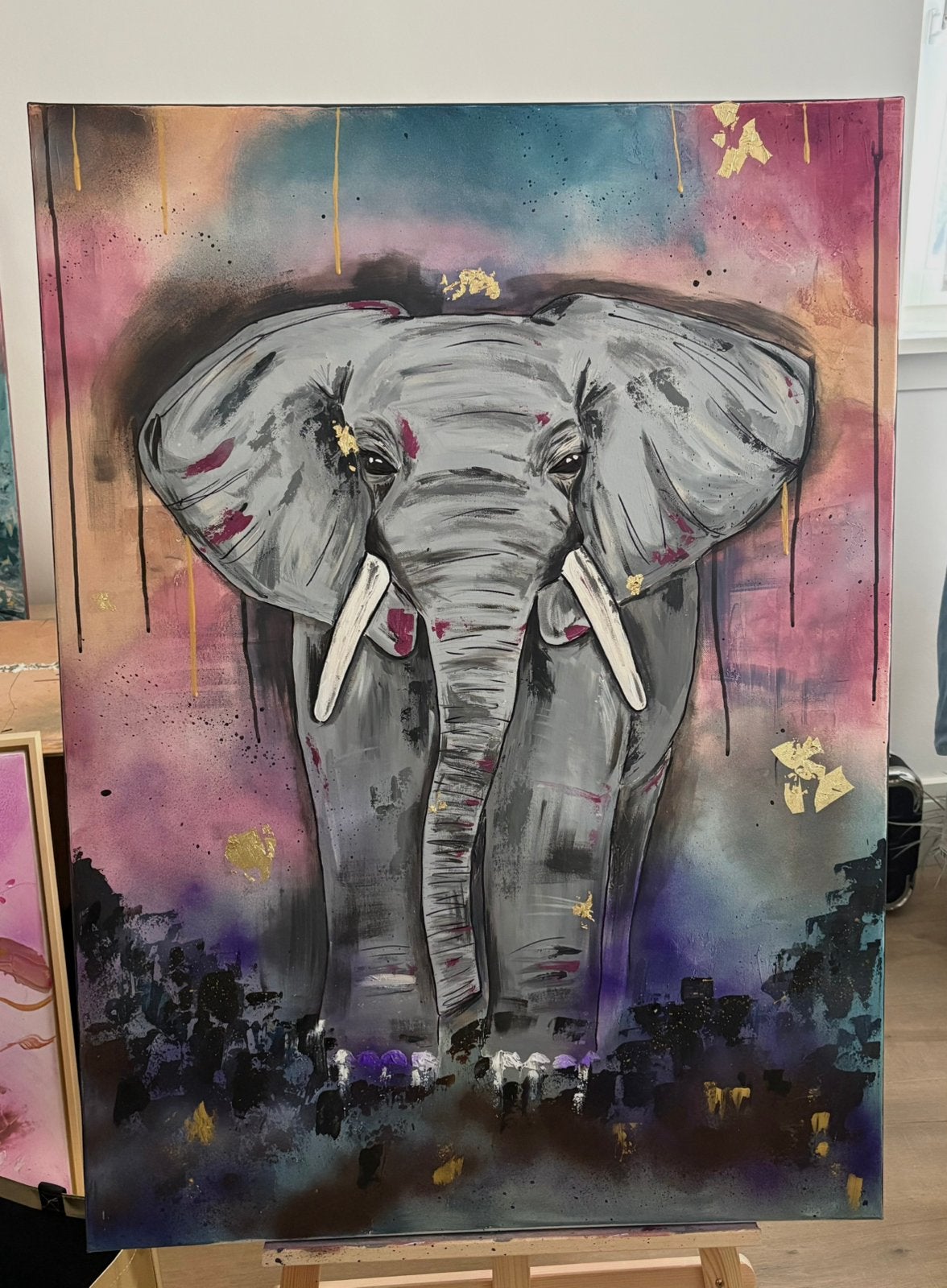 Origineel Handgeschilderd Olifantenschilderij, Acrylverf, Handgeschilderd, Ophalen of Verzenden, Dieren