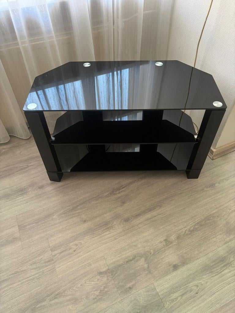 Zwart glazen tv-meubel met 3 planken, Zo goed als nieuw, Glas, Minder dan 100 cm, Modern