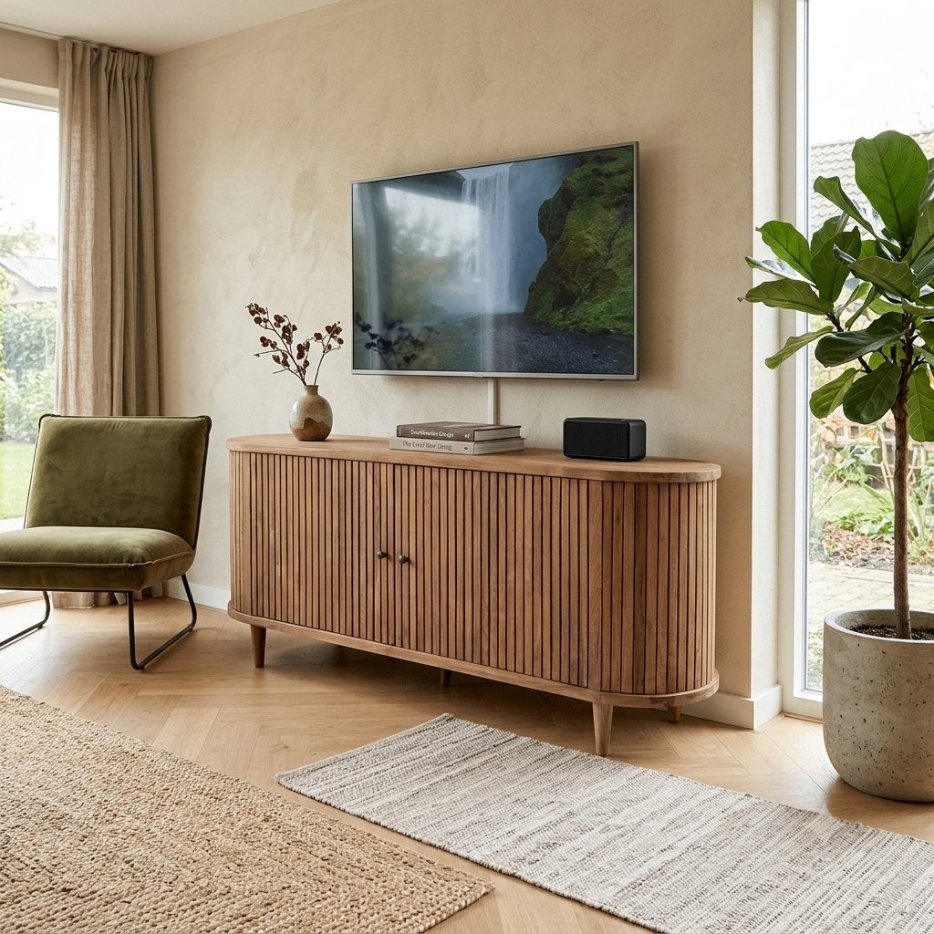 Teak TV Dressoir 160 cm, Met deur(en), 150 tot 200 cm, Teakhout, Nieuw