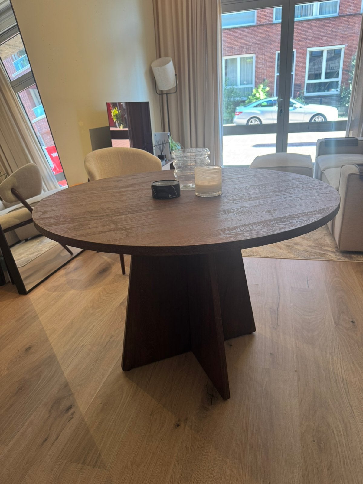 Ronde eettafel MDF houtlook – Ø 110 cm – zo goed als nieuw, Huis en Inrichting, Ophalen, Zo goed als nieuw, Rond, 100 tot 150 cm