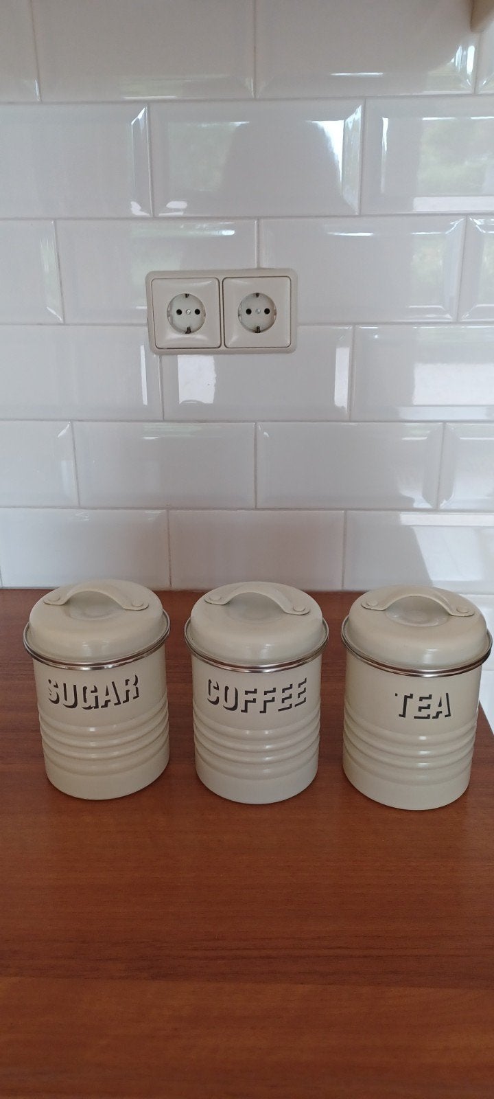 Koffie thee en suiker bussen, Ophalen of Verzenden, Zo goed als nieuw, Voorraadpot, Wit