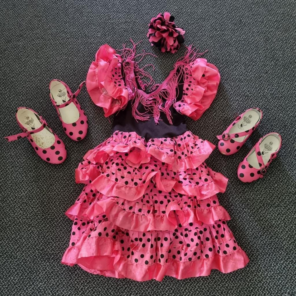 Spaanse jurk roze/zwart met schoenen en haarklip, Kinderen en Baby's, Ophalen of Verzenden, Gebruikt, 104 of kleiner, Meisje