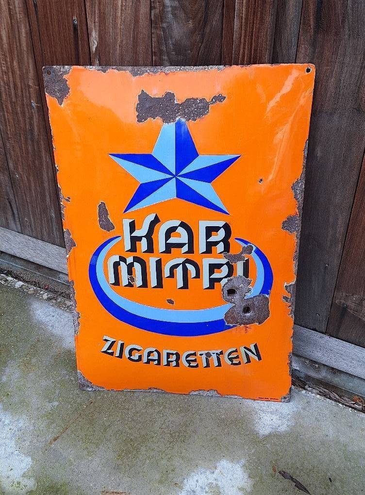 Stoer antiek emaille reclamebord, KAR MITRI zigaretten., Ophalen of Verzenden