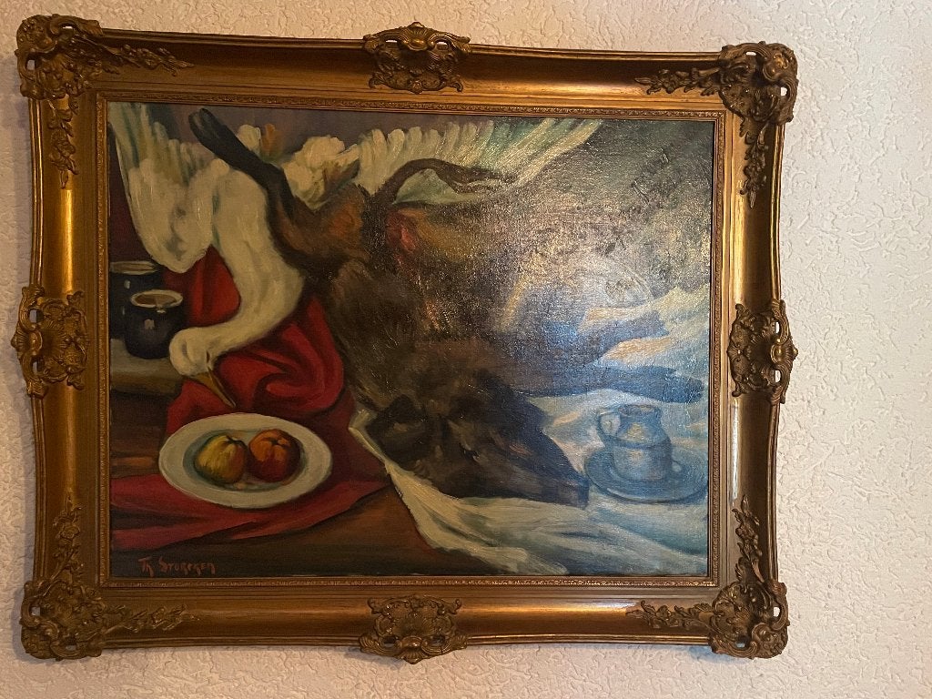 Oud stilleven met wild en fruit, gesigneerd, Antiek en Kunst, Ophalen, Doek, Stilleven, Bijzondere lijst