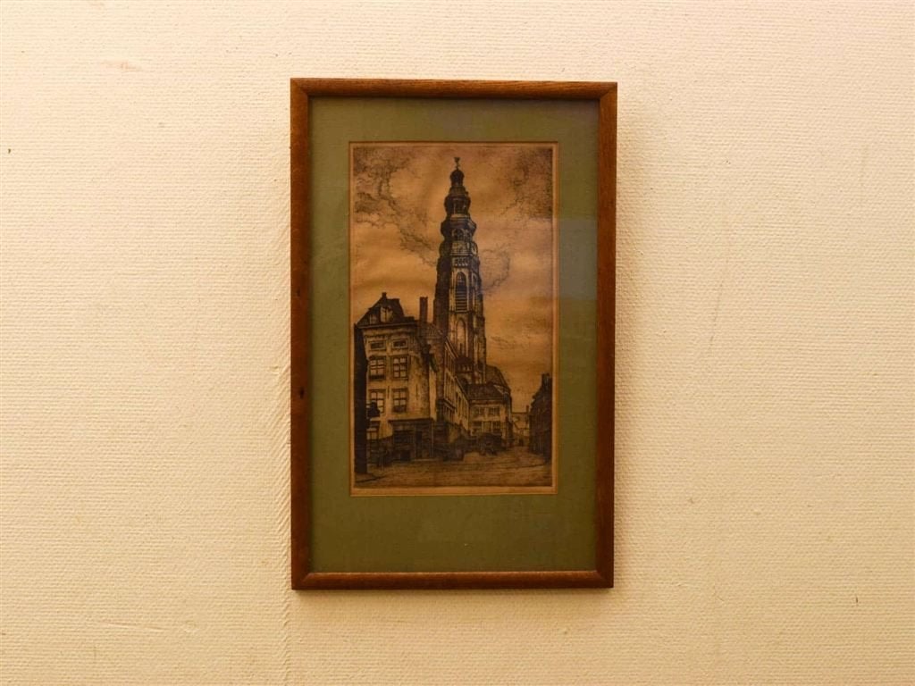 Ingelijste Ets Kerktoren van Middelburg 52732, Ophalen of Verzenden
