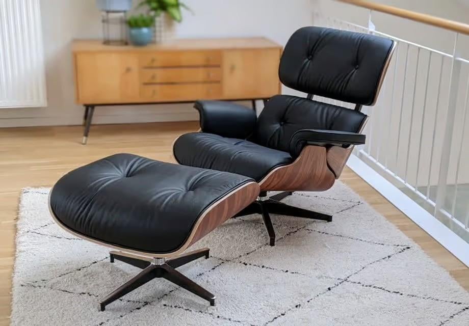 Outlet Lounge Chair Zwart Walnoot XL en Ottoman, Huis en Inrichting, Fauteuils, Verzenden, Minder dan 75 cm, Nieuw, Leer
