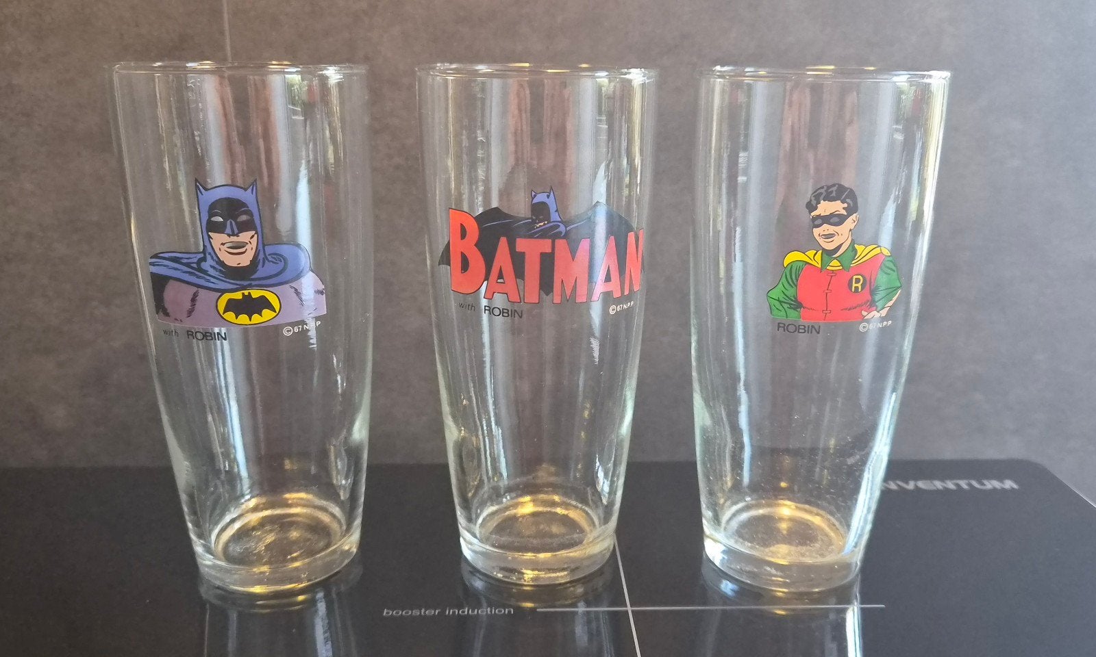 Vintage Batman en Robin glazen set (3 stuks) - 1967 N.P.P., Ophalen of Verzenden, Gebruikt, Gebruiksvoorwerp