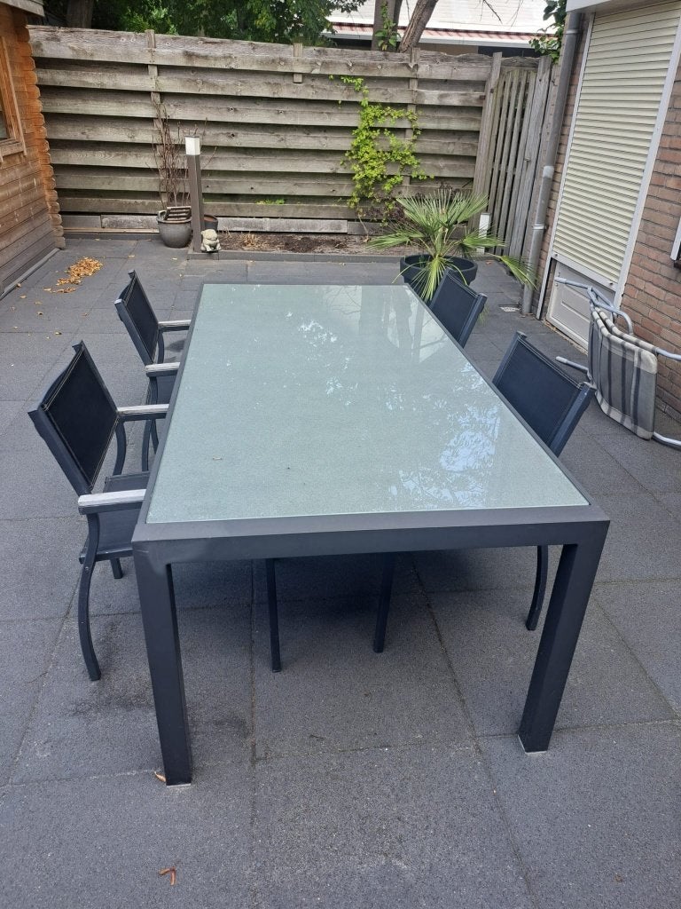 tuin tafel met 4 stoelen, Ophalen, Gebruikt, Rechthoekig, Aluminium
