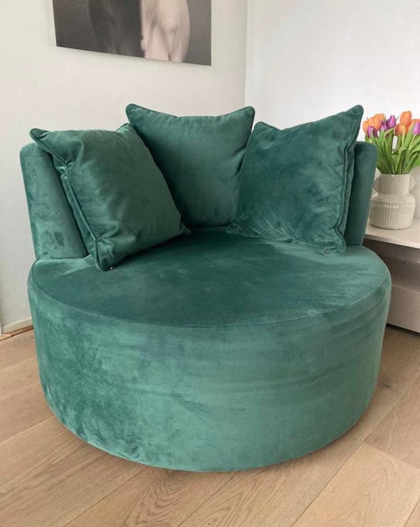 Super mooie ronde lounge fauteuil in Royal green, Ophalen, Zo goed als nieuw, Eenpersoons, Minder dan 150 cm