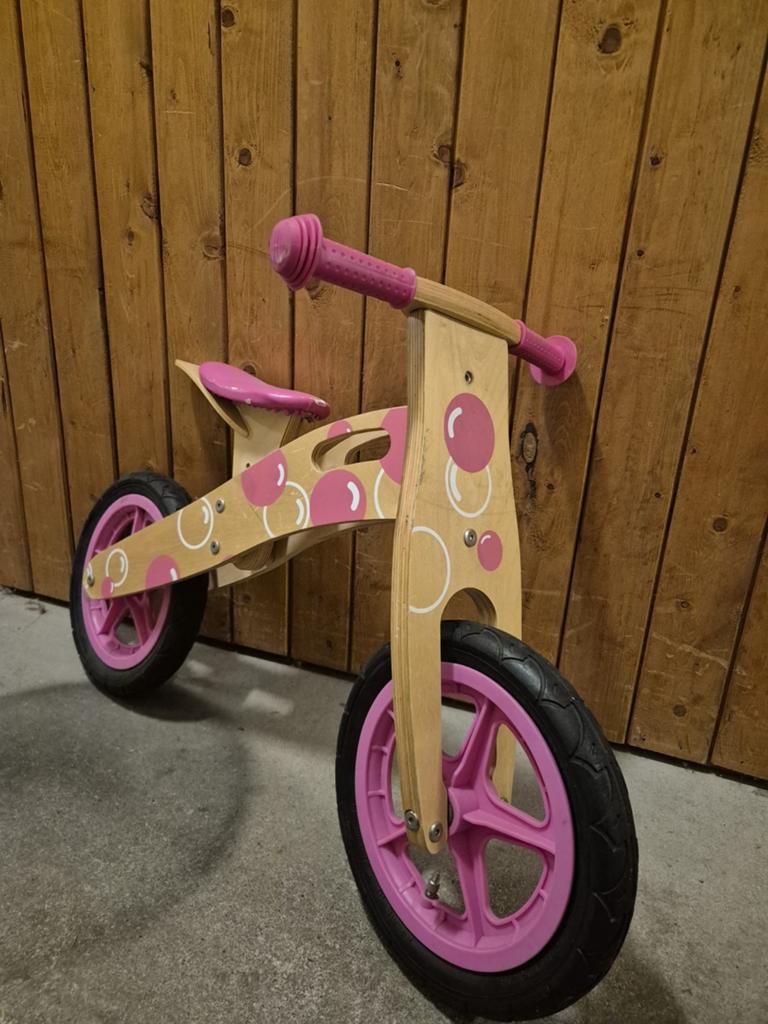 Leuke houten meisjes loopfiets - Roze bellen design, Ophalen of Verzenden, Gebruikt, Loopfiets