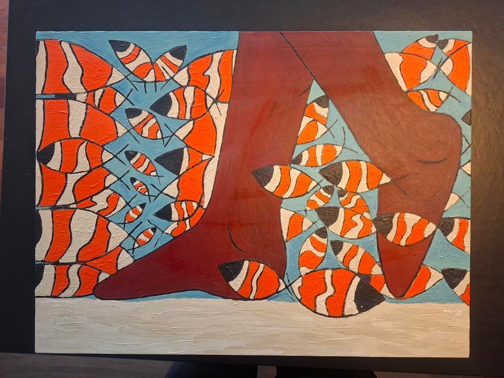 Omar Magambo (2013) - Handgeschilderd paneel met vissen, Antiek en Kunst, Kunst | Schilderijen | Modern, Ophalen of Verzenden