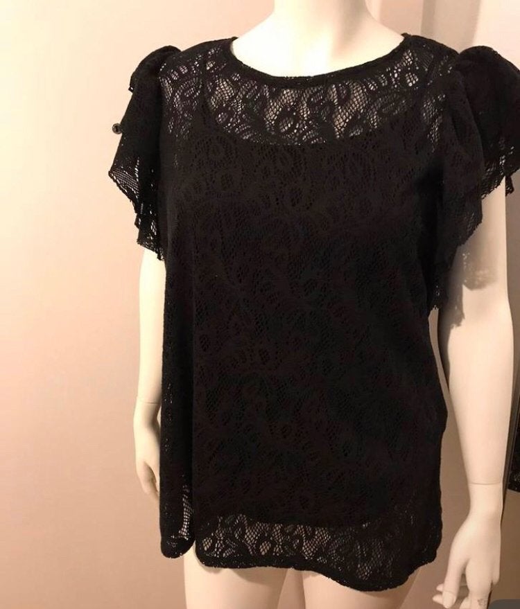 MS Mode zwart top kant korte ruffle mouw mt XL 50/52 Fstvl, Kleding | Dames, Grote Maten, Zo goed als nieuw, Shirt of Top, Zwart