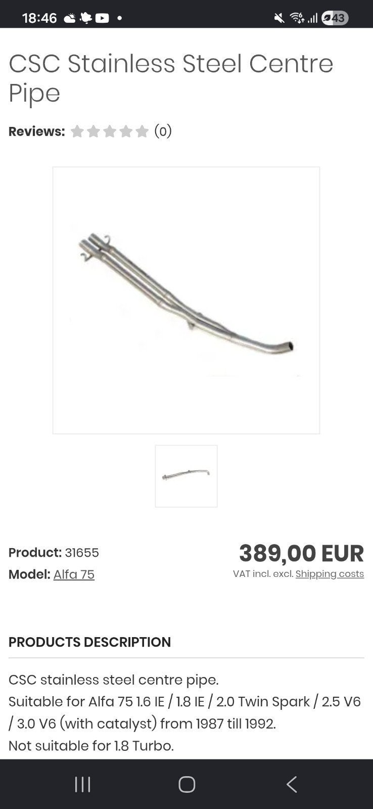 CSC RVS Middenpijp voor Alfa Romeo 75 (1987-1992), Ophalen, Gebruikt, Alfa Romeo