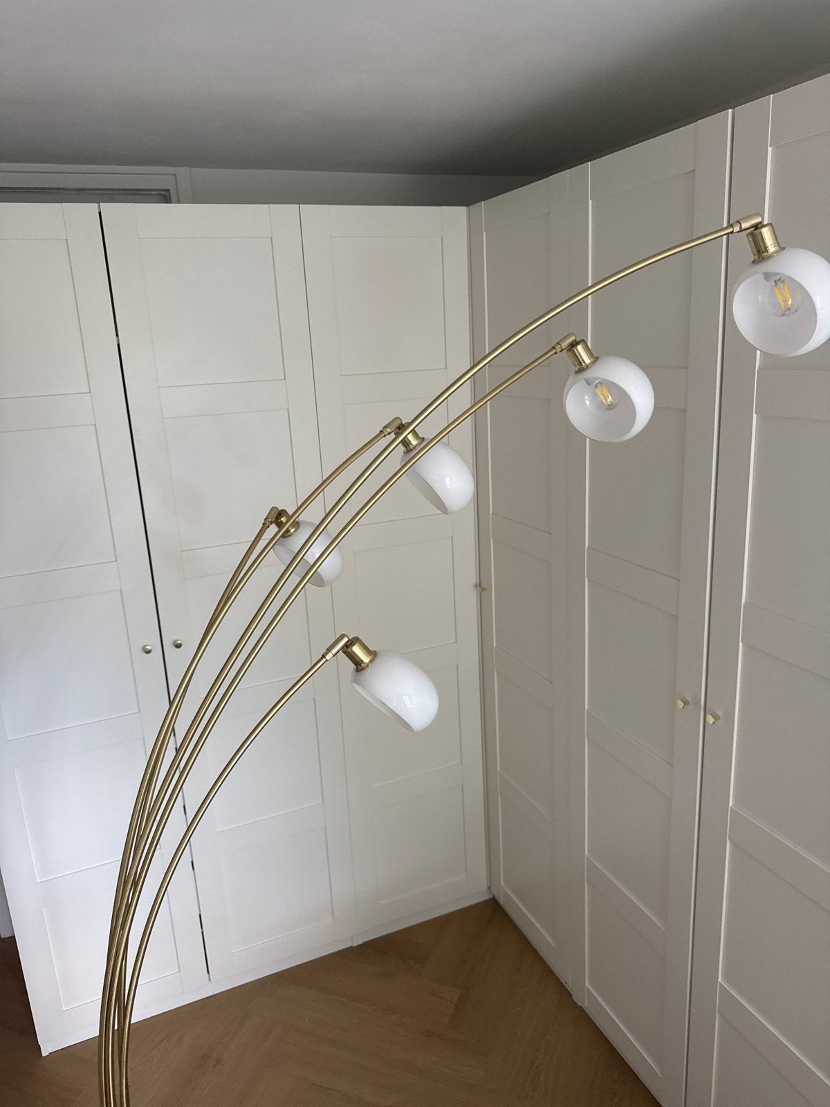 Gouden booglamp met 5 glazen bollen, Ophalen, E14 (klein), 150 tot 200 cm, Glas