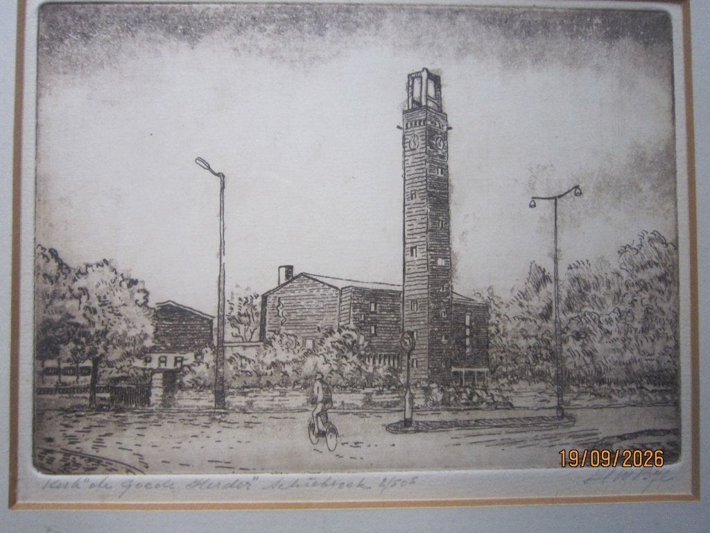Rotterdam, Schiebroek, Ets v/d GOEDEHERDERKERK HW BIJL, Ophalen, Stadsgezicht, Ets, 1950 - 1999