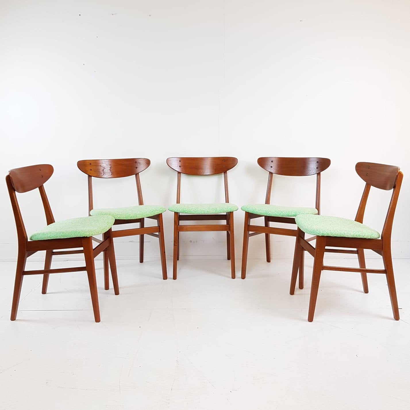 Vintage deense stoelen teak | groene stof Farstrup, Hout, Overige kleuren, ., Vintage