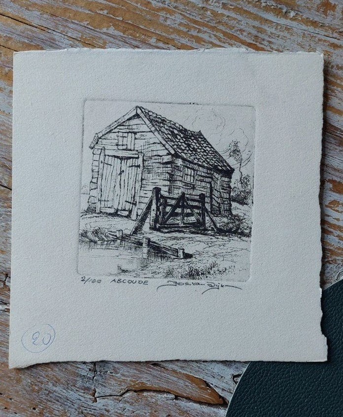 Kleine moderne Ets Jos van Dijk - Schuur in Abcoude (2/100), Ophalen of Verzenden, Genummerd, Landschap, 1950 - 1999