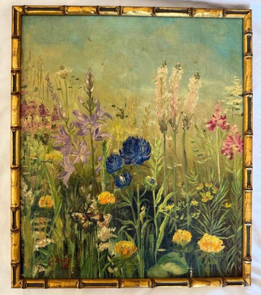 Vintage Schilderij: Bloemenweide in Bamboe Lijst, Gesigneerd, Ophalen of Verzenden