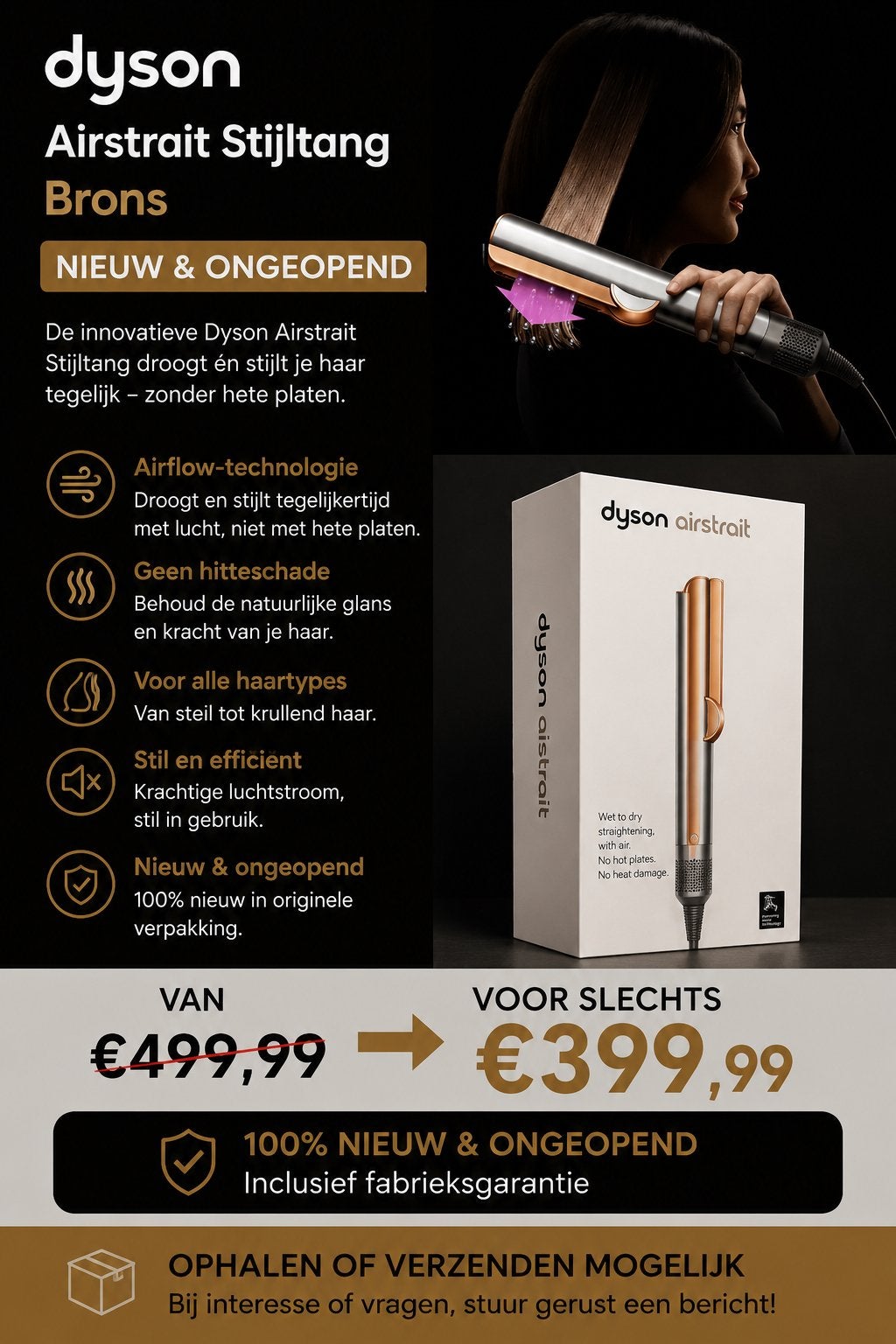 Dyson Airstrait Stijltang Brons - Nieuw & Ongeopend €350, Ophalen of Verzenden, Nieuw, Haarverzorging