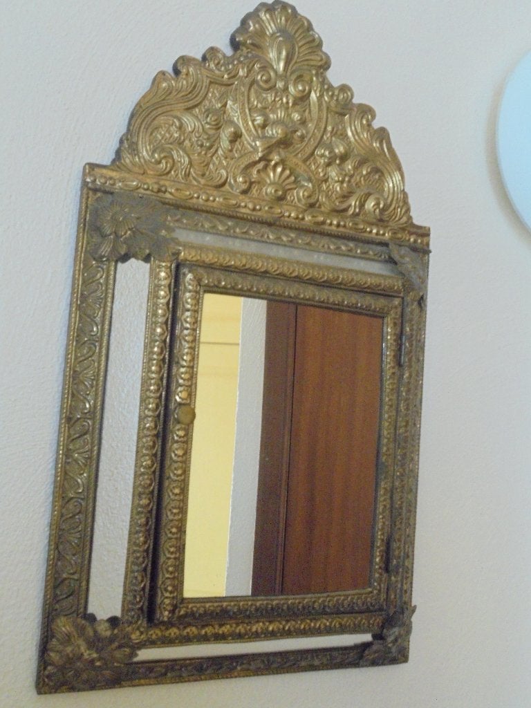 Vintage  ( hal ) spiegelkast met koper en 2 borstels, Antiek en Kunst, Ophalen of Verzenden