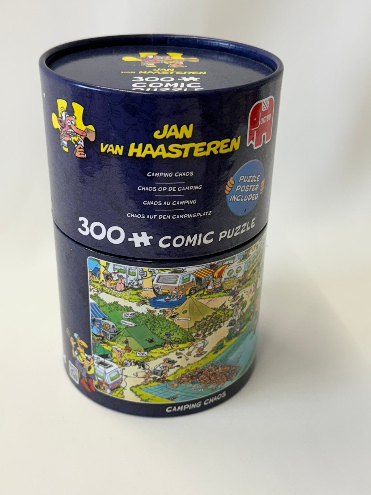 Jan van Haasteren Comic puzzel 300 trommel Camping Chaos, Hobby en Vrije tijd, Denksport en Puzzels, Ophalen of Verzenden, Minder dan 500 stukjes