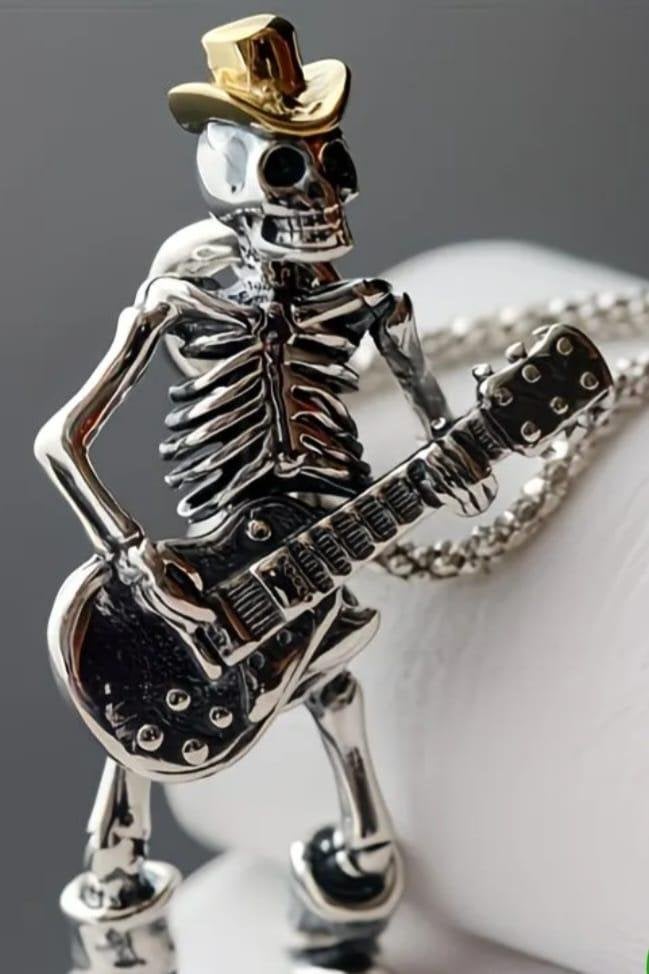 Unieke en Stijlvolle Skelet Hanger Gitaar Ketting, Met hanger, Nieuw, Ophalen of Verzenden, Zilver