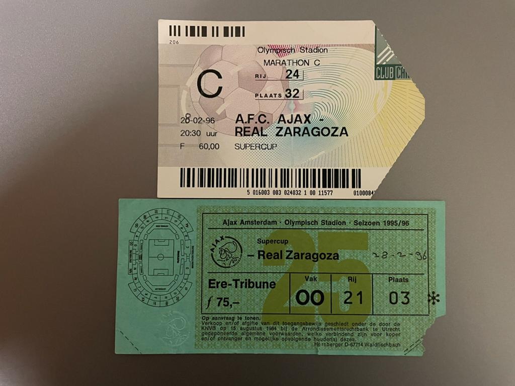 Tickets Supercup finale Ajax - Zaragoza (1996), Verzamelen, Verzenden, Gebruikt, Ajax