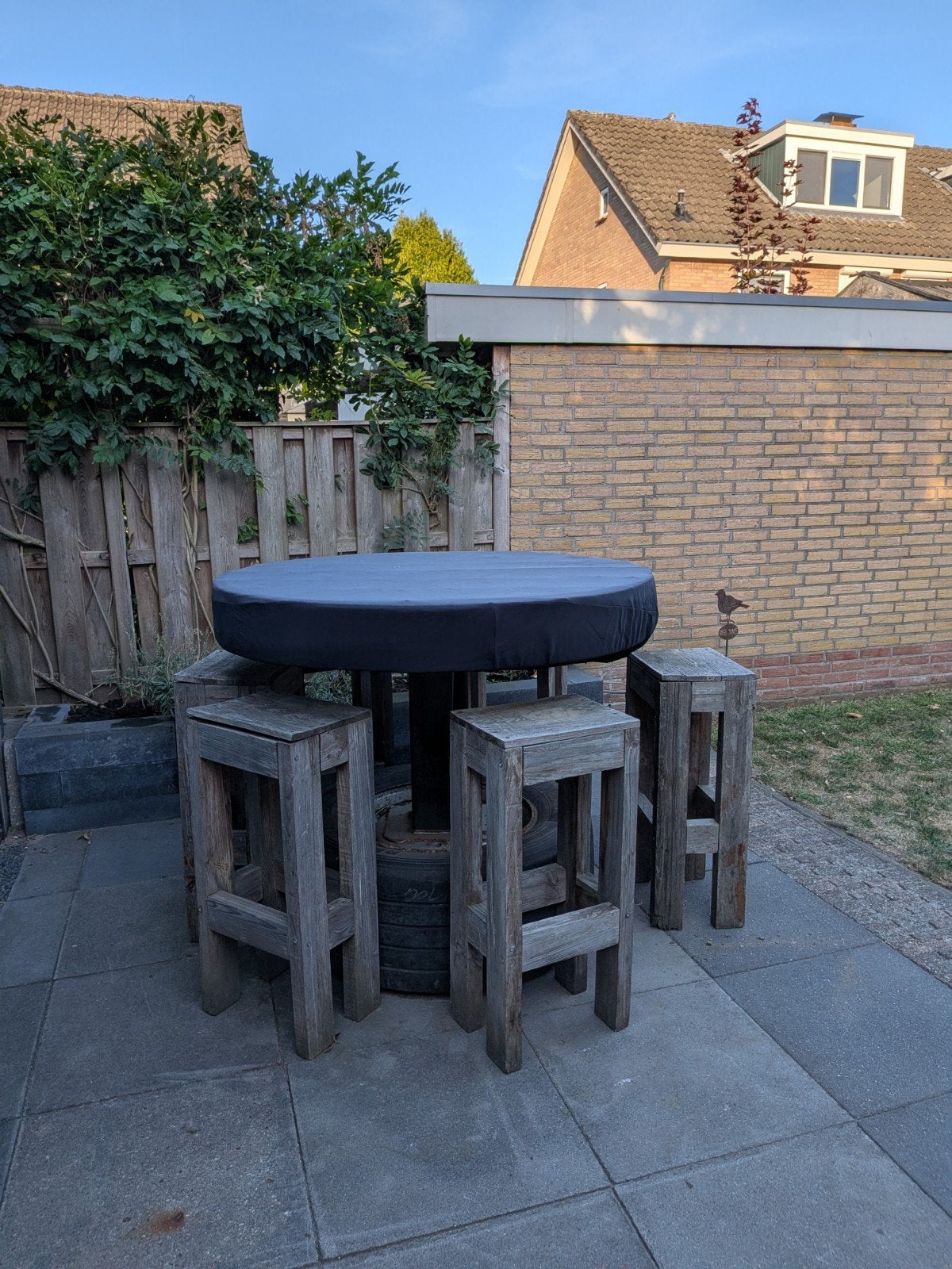 statafel met vrachtwagenband, Ophalen, Gebruikt, Rond, Hout